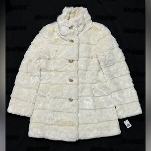 Guess Faux Fur Long Coat Jacket Soft Off White Lined Band Collar Gold Buttons M